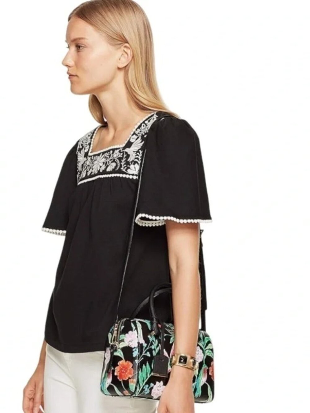 KATE SPADE S Black Embroidered Tee Flutter Sleeve Hummingbird 100% Cotton